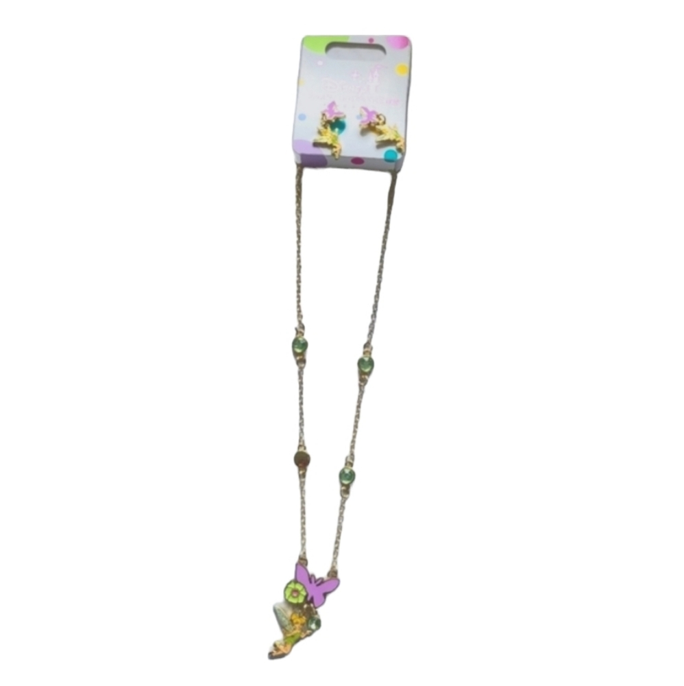 Authentic Disney Ticker Bell Necklace And Earring Gold Tone Set